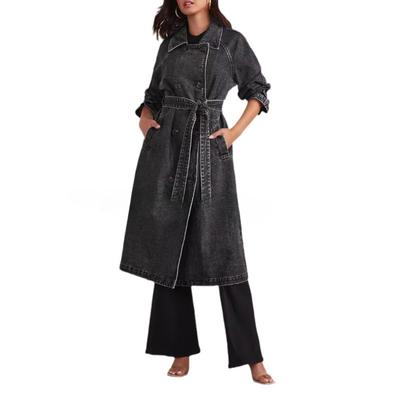 Abrigo Trench de Otoño e Invierno para Mujer Algodón Denim Color Sólido Doble Bolsillo Largo Hebilla Chaqueta Holgada