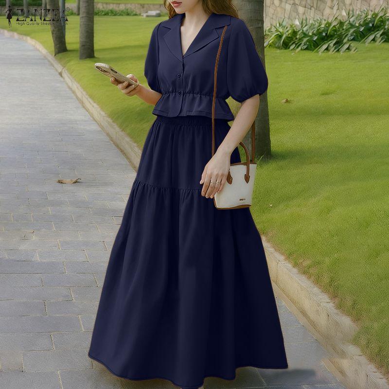 ZANZEA Women Short Sleeve Blouse and Long Skirt Casual Two Piece Suit Sets
