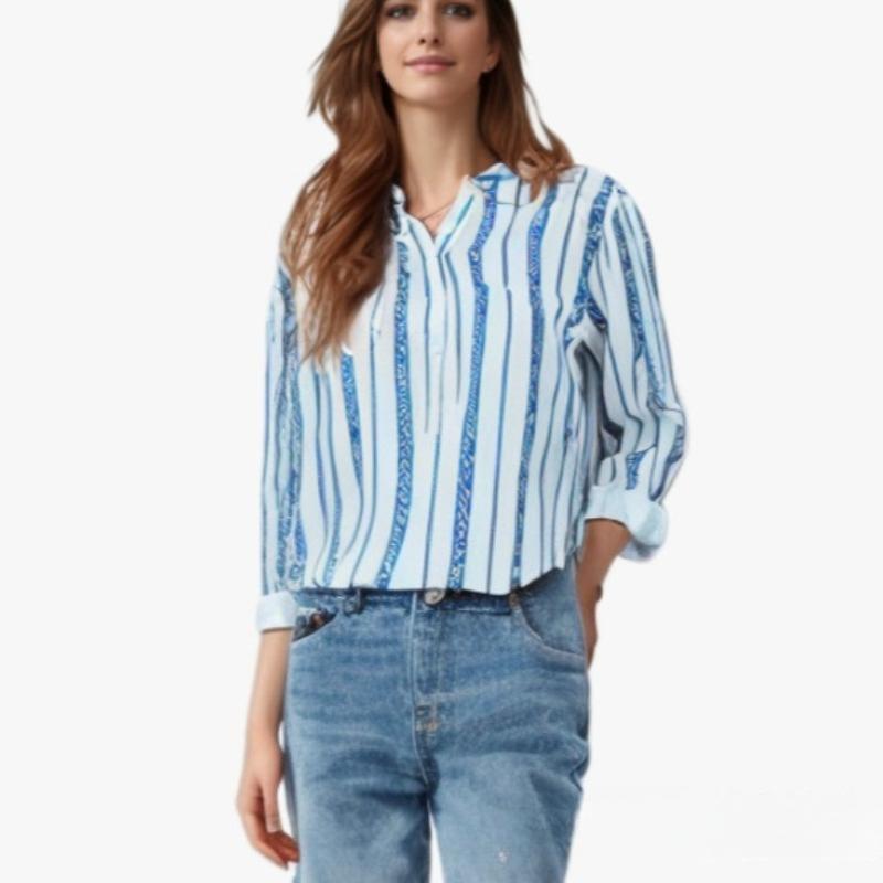 Women's Spring and Summer V-neck T-shirt Striped Printed Button-down Shirt Loose Long-sleeved Top