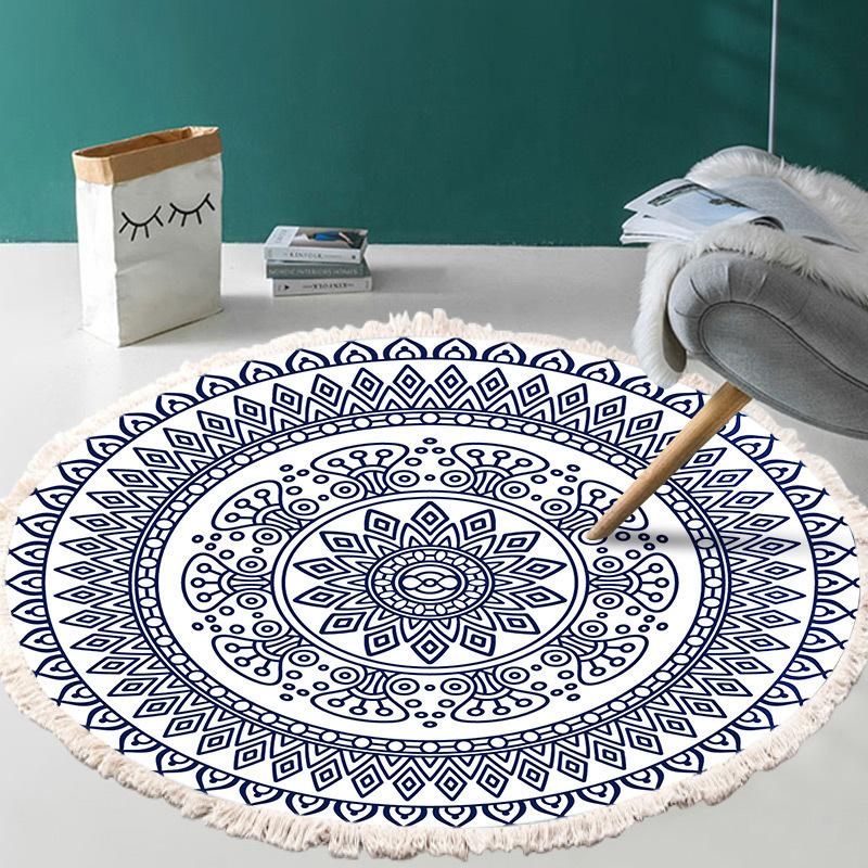 Nordic Cotton and Linen Home Leisure Non-slip Fringed Printed Round Carpet Living Room Floor Mat Bedroom Bedside Blanket
