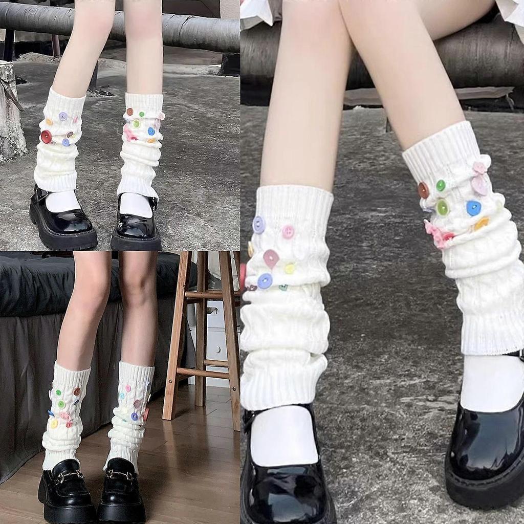 Colorful Button Stackable Socks Women Leg Warmers Comfortable Claf Length Stockings for Fashion-forward Individuals White