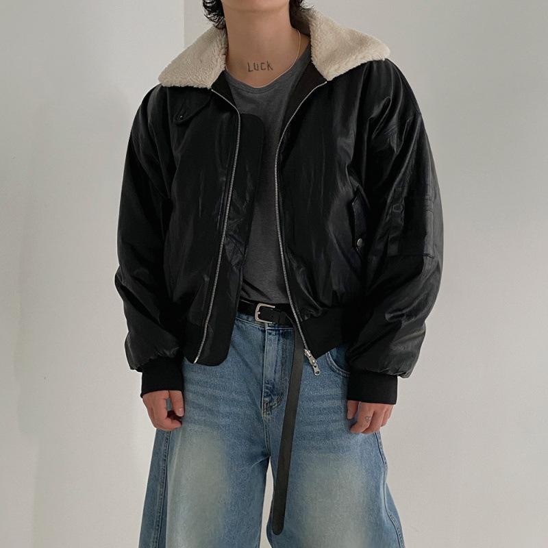 

Короткое хлопковое пальто из искусственной кожи ягненка, мужское зимнее теплое хлопковое пальто с лацканами, модная кожаная куртка в корейском стиле 2XL чёрный