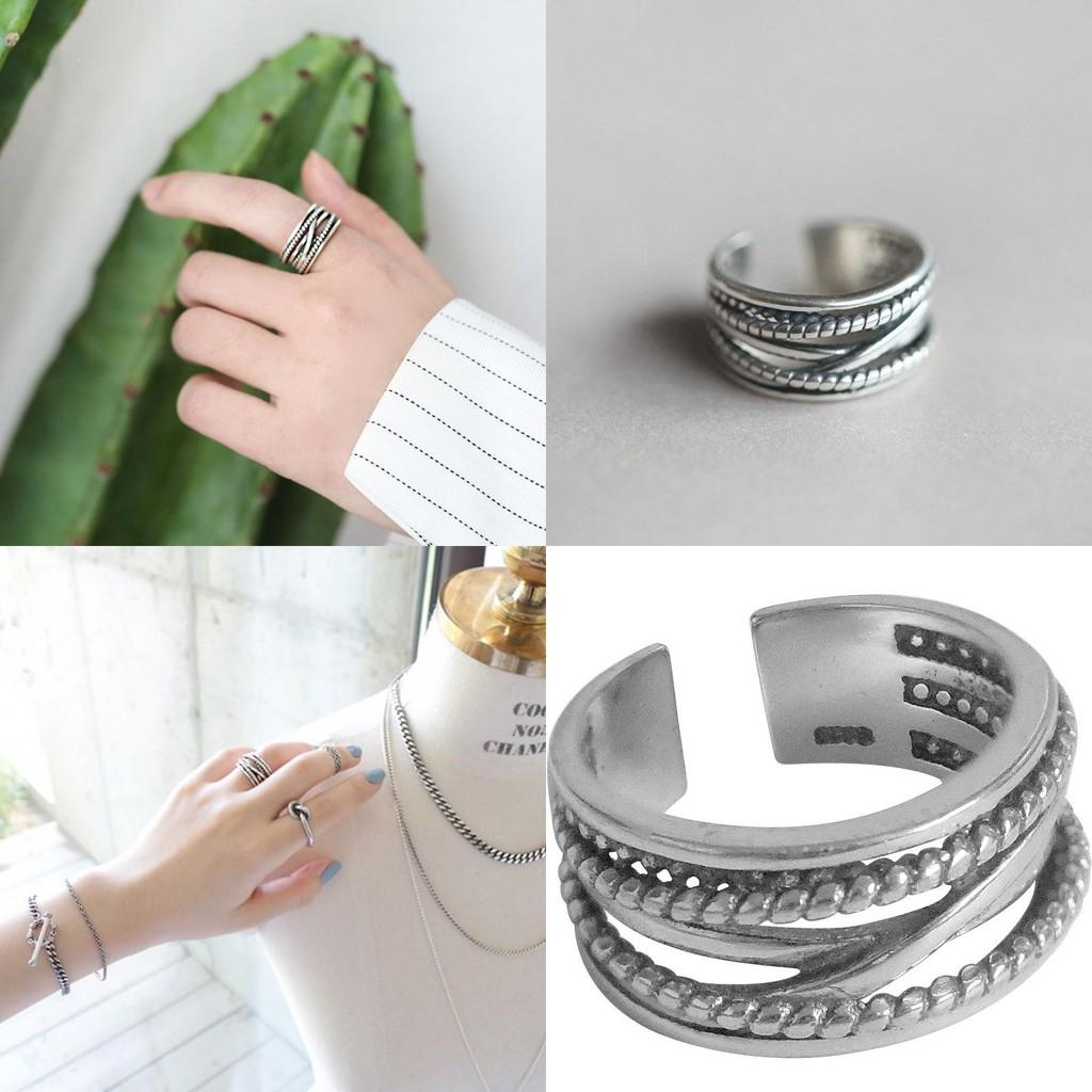 S925 Pure Silver Korean Irregular Layered Wave Design Adjustable Ring For Women