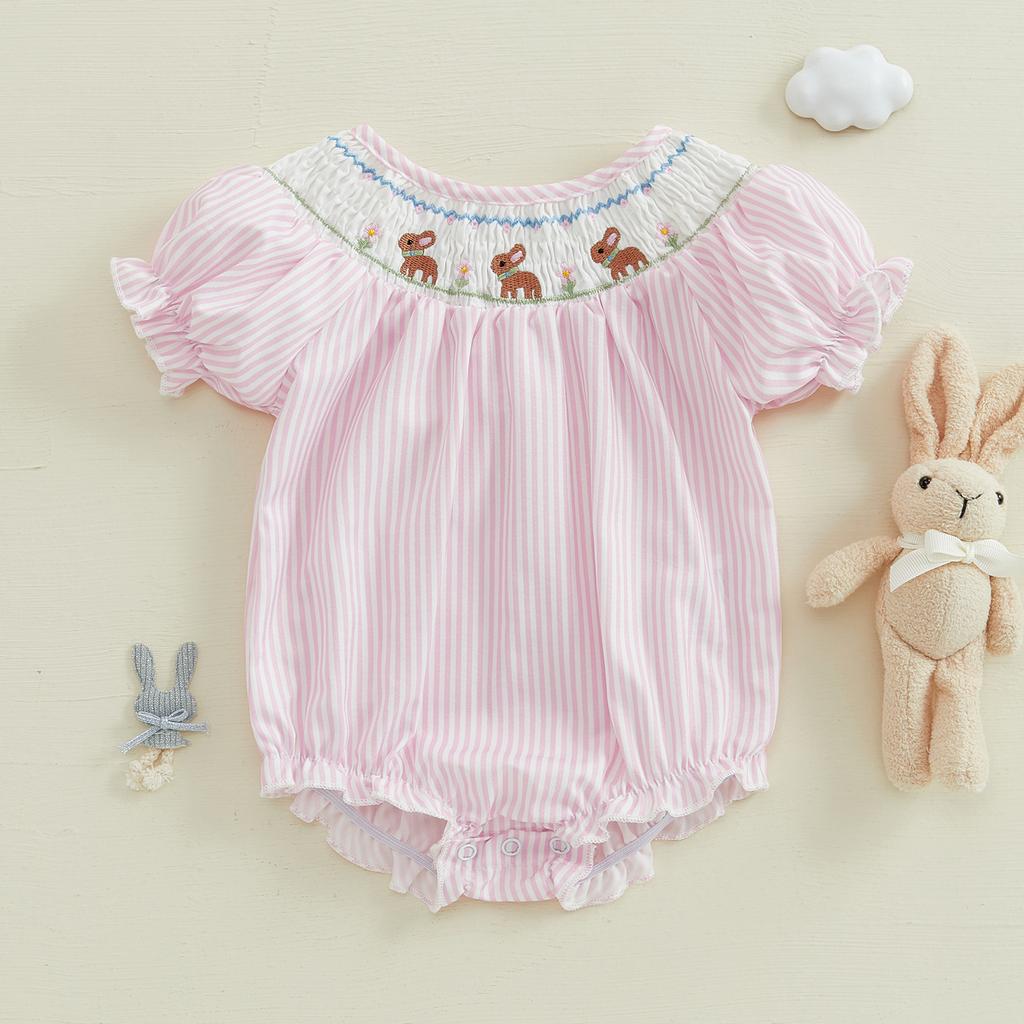 Baby Girl Easter Romper Short Sleeve Stripes Print Bunny Embroidery Loose Bodysuit Newborn Outfit