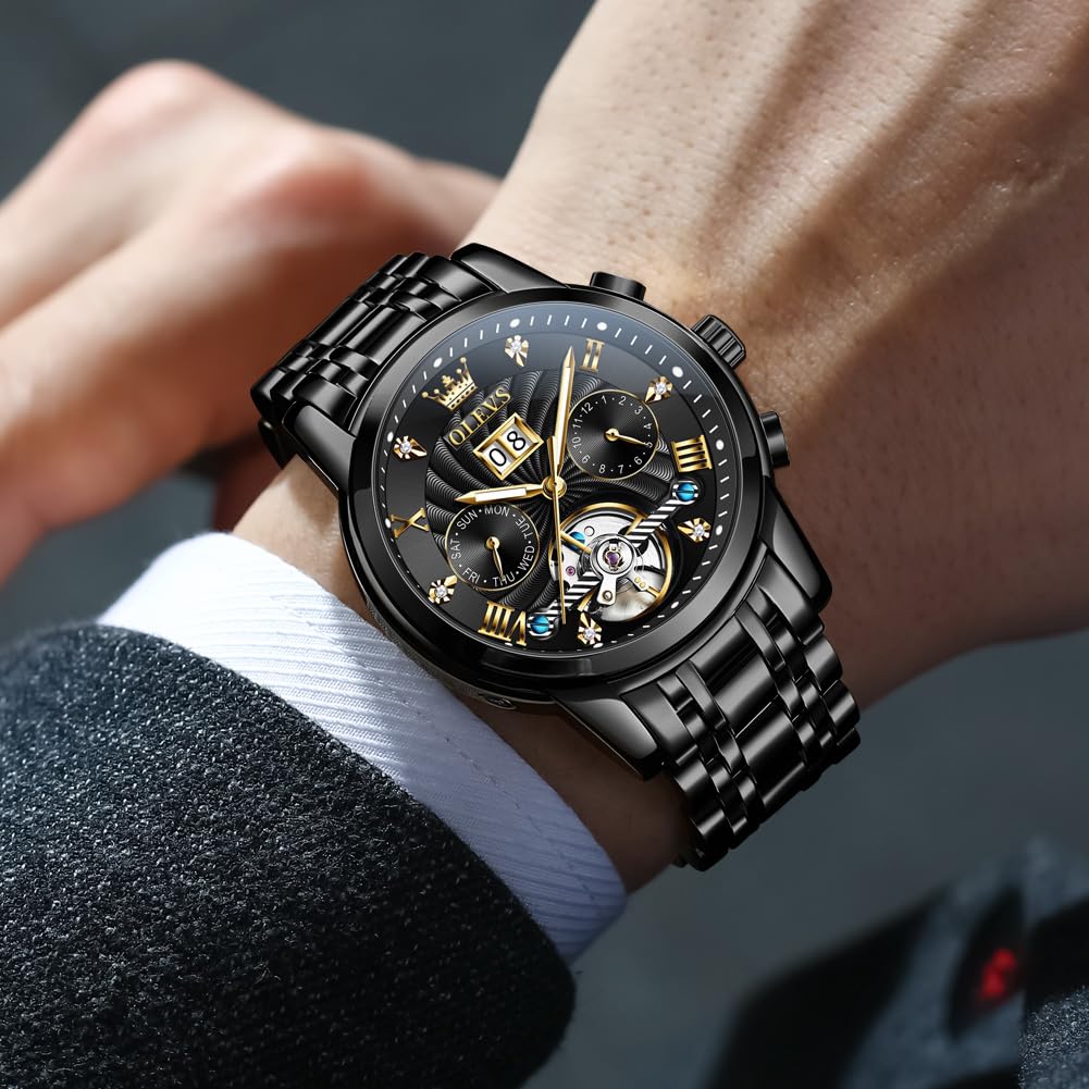 OLEVS Mechanical Automatic Moon Phase Watch Stylish Skeleton Waterproof Popular Luminous Watch for Men