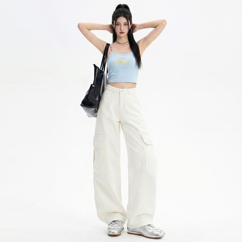 Frühling Sommer Weiß Hohe Taille Schlank Faltenwurf Entspannt Weiter Bein Cargo Jeanshosen Für Damen Lässige Hosen Übergröße Denim Hosen
