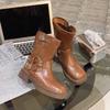 British Style Simple Black Thick Sole Knight Boots Fashion Slip On 4cm Mid Heel Belt Buckle Women Shoes Retro Fashion Short Boot
