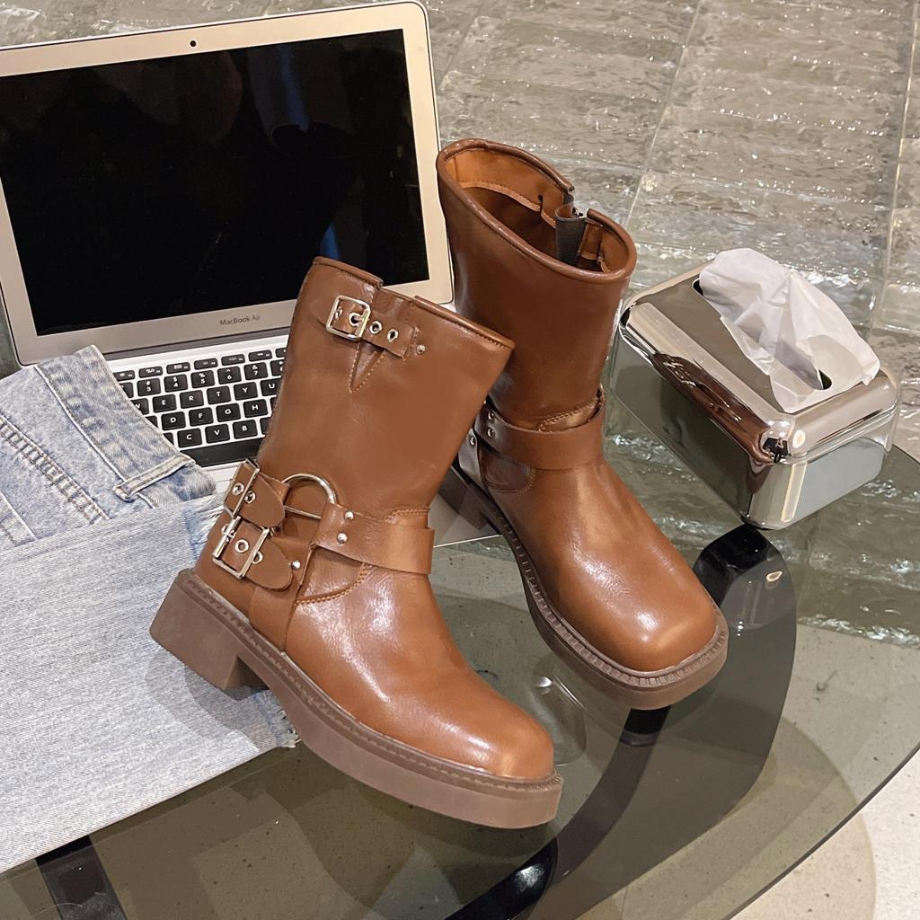 British Style Simple Black Thick Sole Knight Boots Fashion Slip On 4cm Mid Heel Belt Buckle Women Shoes Retro Fashion Short Boot