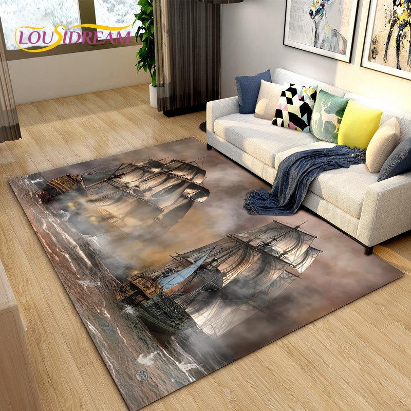 Sea Monster, Boat Ship Barque Area Rug Large,Carpets Rug for Living Bedroom Sofa Doormat Decoration,Kids Play Non-slip Floor Mat