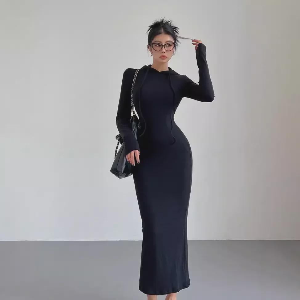 Autumn/Winter Hooded Sweater Dress – Sexy Knee-Length, Long-Sleeved, Hip-Wrapped Design