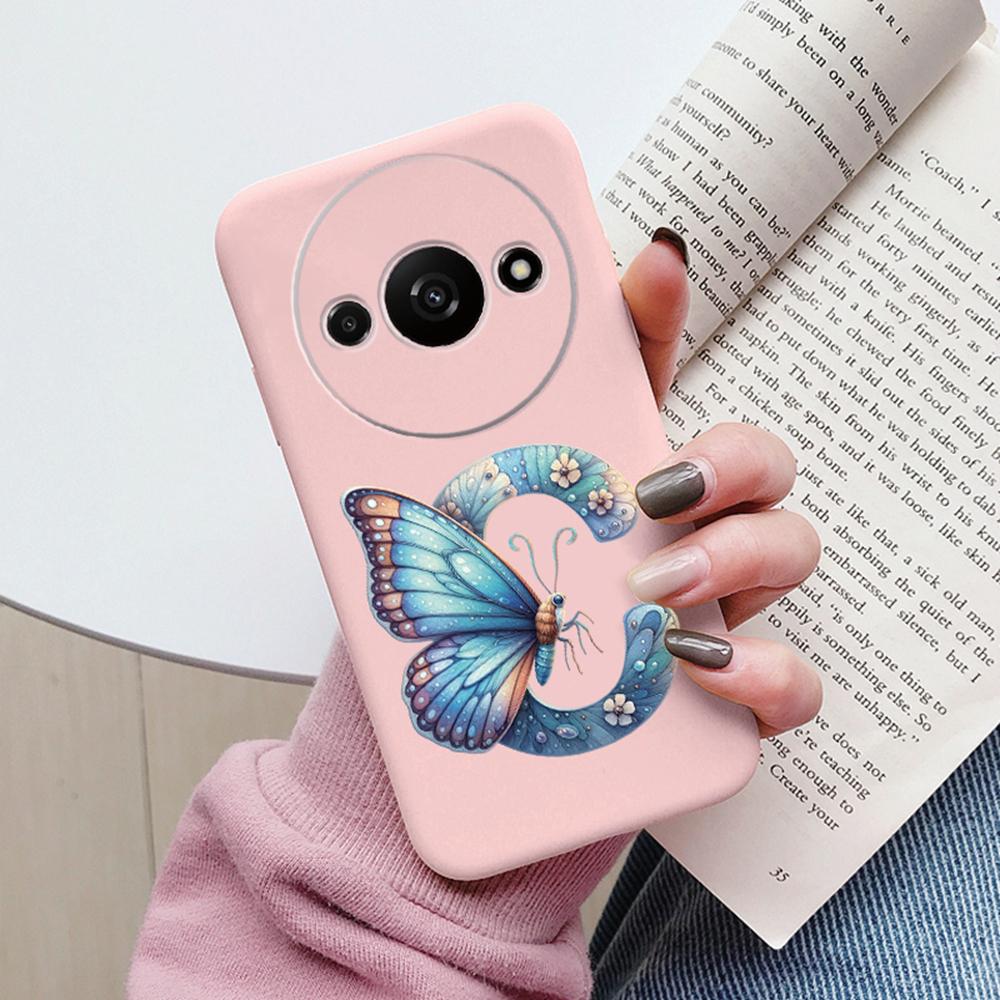 Handyhülle für Xiaomi Redmi A3 4G A3x Rosa Buchstabe Blume Schmetterling Stoßfest Weiches Silikon Cover Kameraschutz TPU Fundas