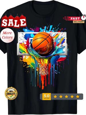 Herren Basketball Dunk Batik Splash Print Baumwoll-T-Shirt - Schwarz