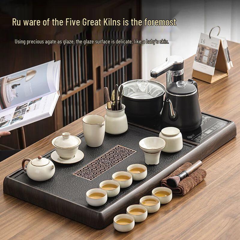 Qianyu Ru Kiln Kung Fu Tea Set with Automatic Water Kettle and Stone Tray