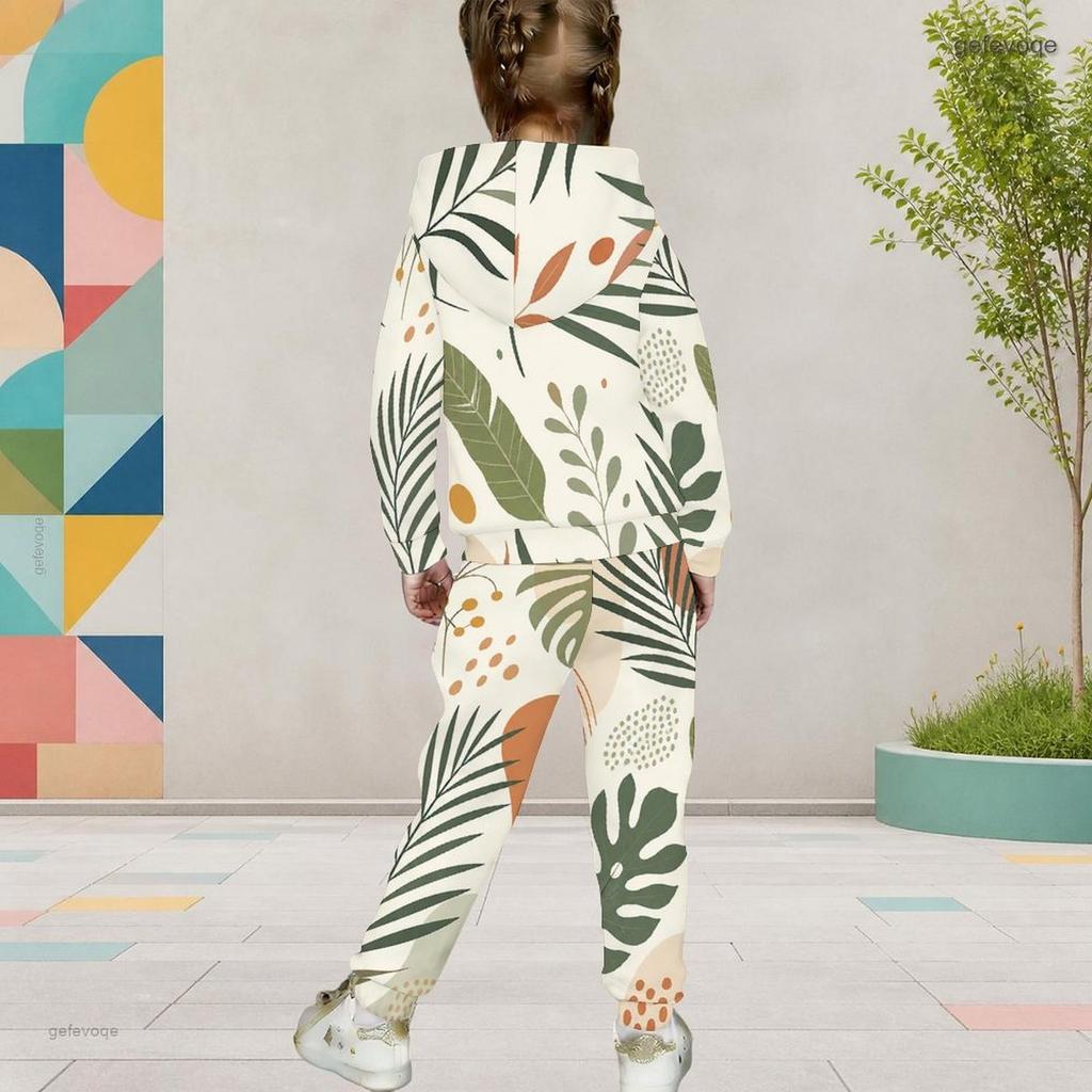 Girls Hooded Long Sleeve Fruit Leaf Printed Tracksuit Kangaroo Pocket Cuffed Pants Two Piece Set