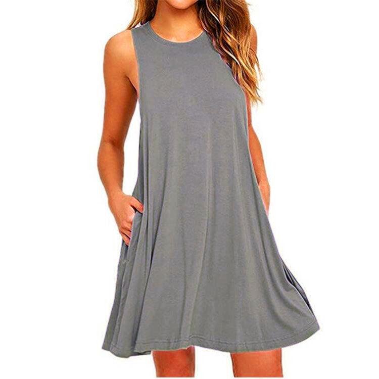 European Summer Sleeveless Pocket Vest - Solid Color Women's Dress