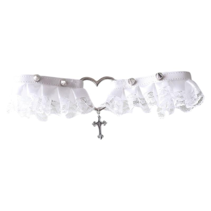 Готический кружевной чокер Чокер-ожерелье с перекрещенным кулоном Чокер-ожерелье с кулоном-сердцем Заявление-украшение для девушки Косплей Вечеринки 1 белый