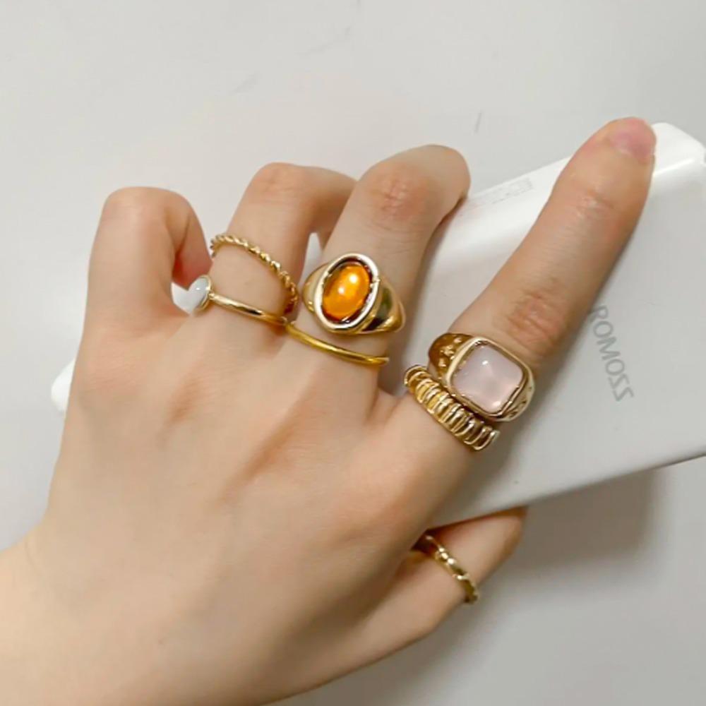 6PC Trendy Geometric Cuff Rings Set for Women Metal Adjustable On The Finger Ring Ladies  Statement Jewelry