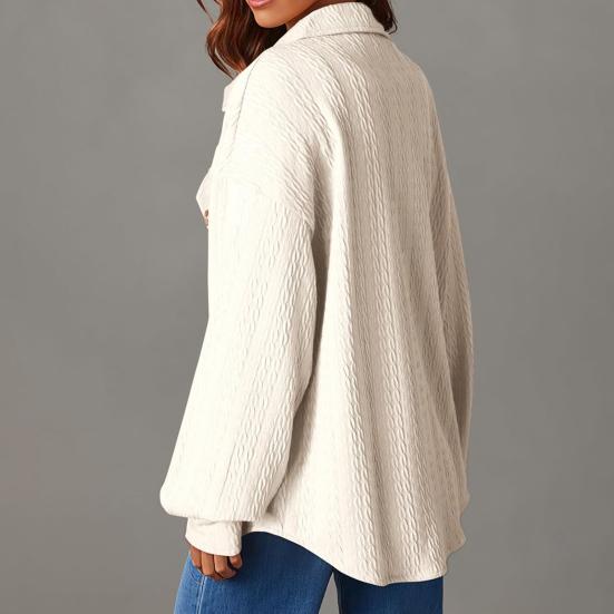 Camicia da donna con risvolto, manica lunga, tasca con patta, monopetto, tinta unita, trama intrecciata, vestibilità oversize, giacca