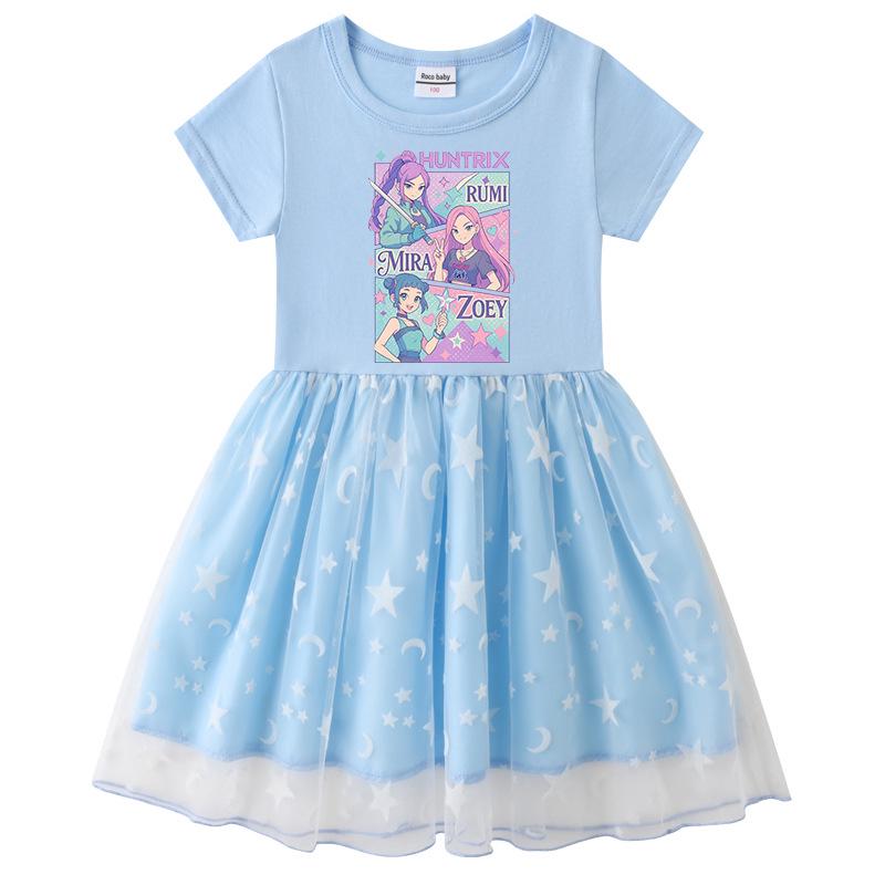 Korean Style Kpop Demon Slayer Mesh Princess Dress for Girls - Short/Long Sleeve Options