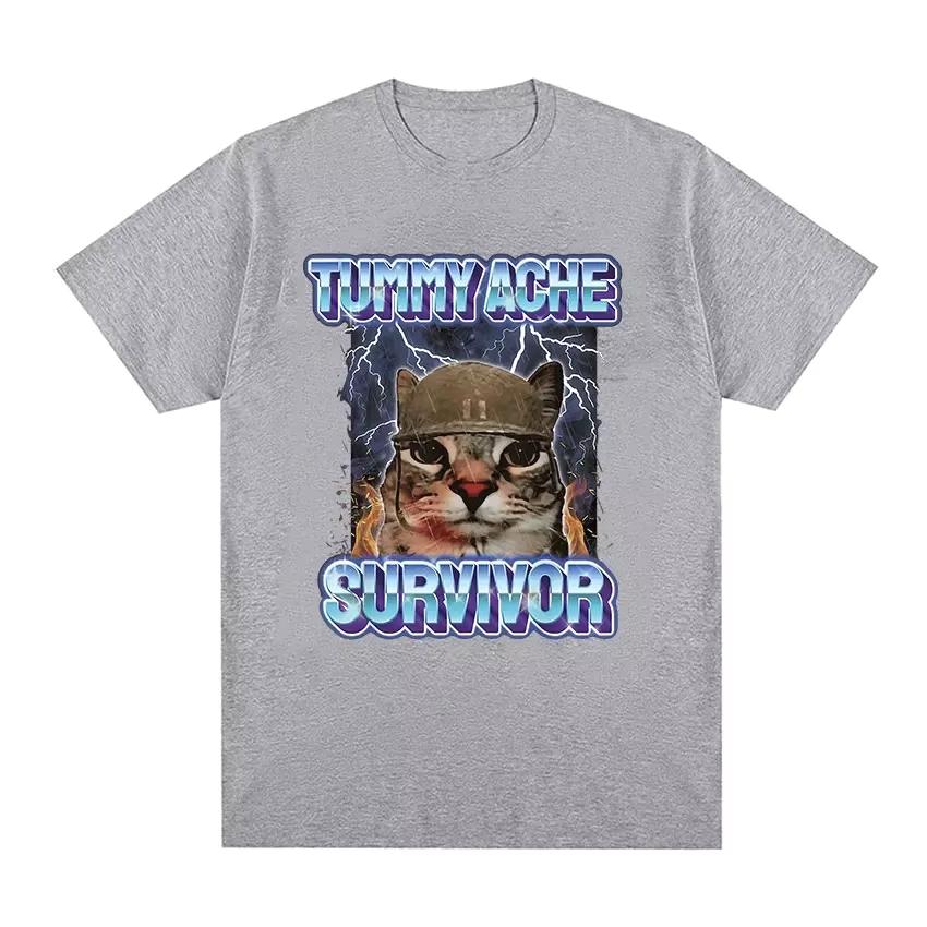 Vintage Tummy Ache Survivor Funny Cat Meme Printed Tee Shirt Women Clothing Fashion Short Sleeve Harajuku Oversized T Shirt