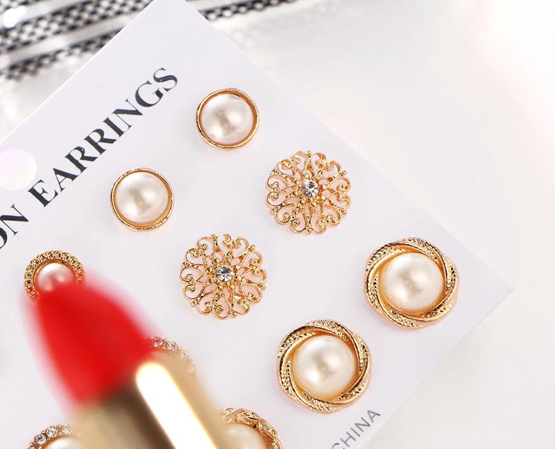 6 Pairs Women Retro Flowers Pearl Earrings Set Fashion Ear Stud Jewelry