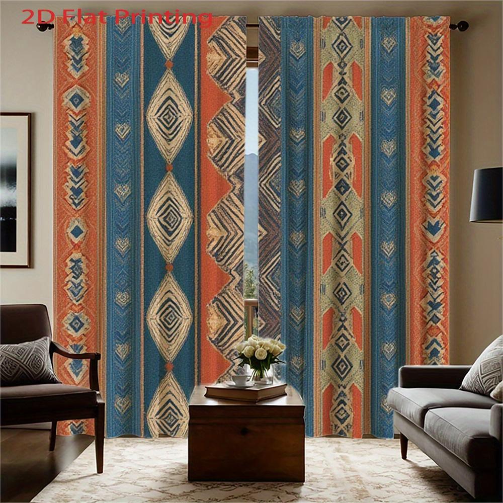 Tribal Geometric Curtains 2pcs – Aztec Inspired Blue Orange Pattern, Bohemian Ethnic Decor for Living Room and Bedroom