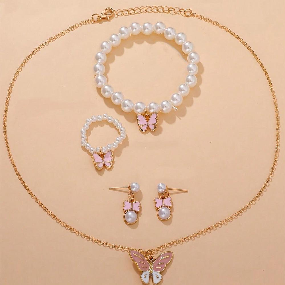 Children's Pearl Alloy Butterfly Necklace & Earring Set - 4-Piece Princess Accessory