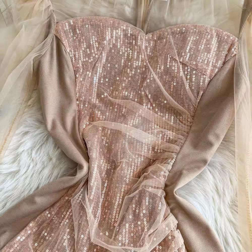 2025 neue Frühjahr Sommer Frauen High-End-Party Mode O Neck Shiny Diamanten Langarm Schlank Lange Party Casual Kleider