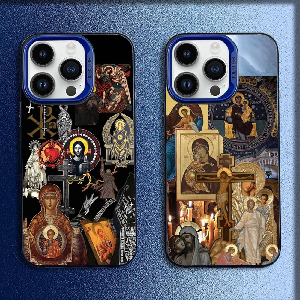 Orthodox Cross Icon Church Phone Case For iPhone 16,15,14,13,12,11,Mini,Pro,E,MAX Blue Candy Matte Shockproof Cover
