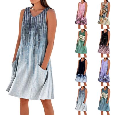 Summer Dresses For Women Loose Beach Vacation Casual Sleeveless V-neck  Sundresses With Pockets Tank Dress