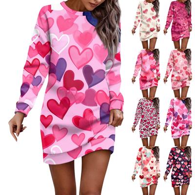 Women's Round Neck Valentine's Day Printed Long Sleeve Wrap Hip Dress Sweater Dresses