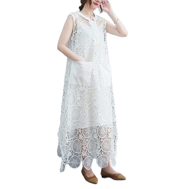 Retro Embroidered Lace Sleeveless Vest Dress Set - Plus Size, Hollow-Out, Two-Piece, Summer Loose Fit.
