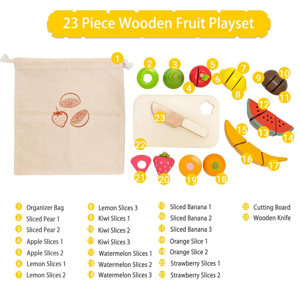 UMU Fruit Cutting Toy Wooden Montessori Educational Wooden Toy Fruit Candy Food Storage Bag Miniature Food Birthday Gift for Boys and Girls Ages 6