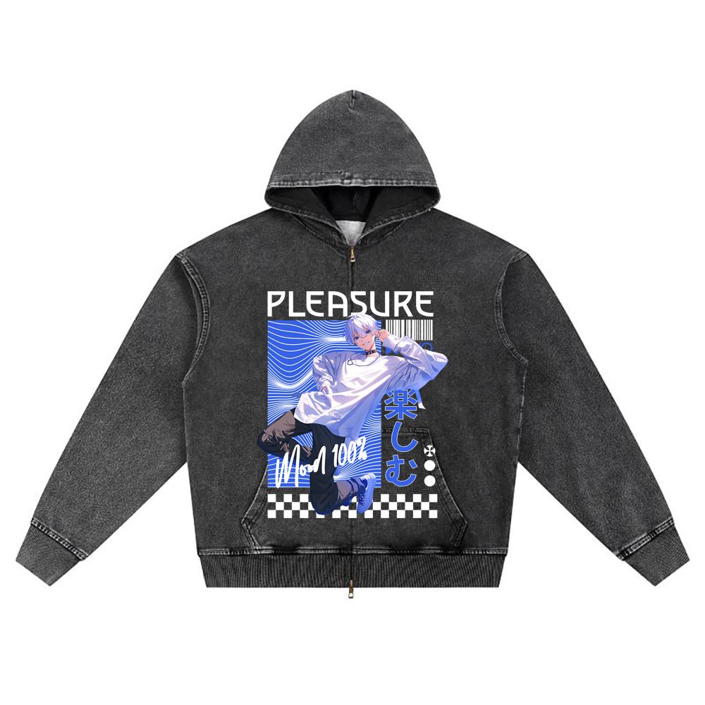 

DTG print Knitted Denim Zip-Up Hoodie Streetwear Brother Print Zipper Hoodies S