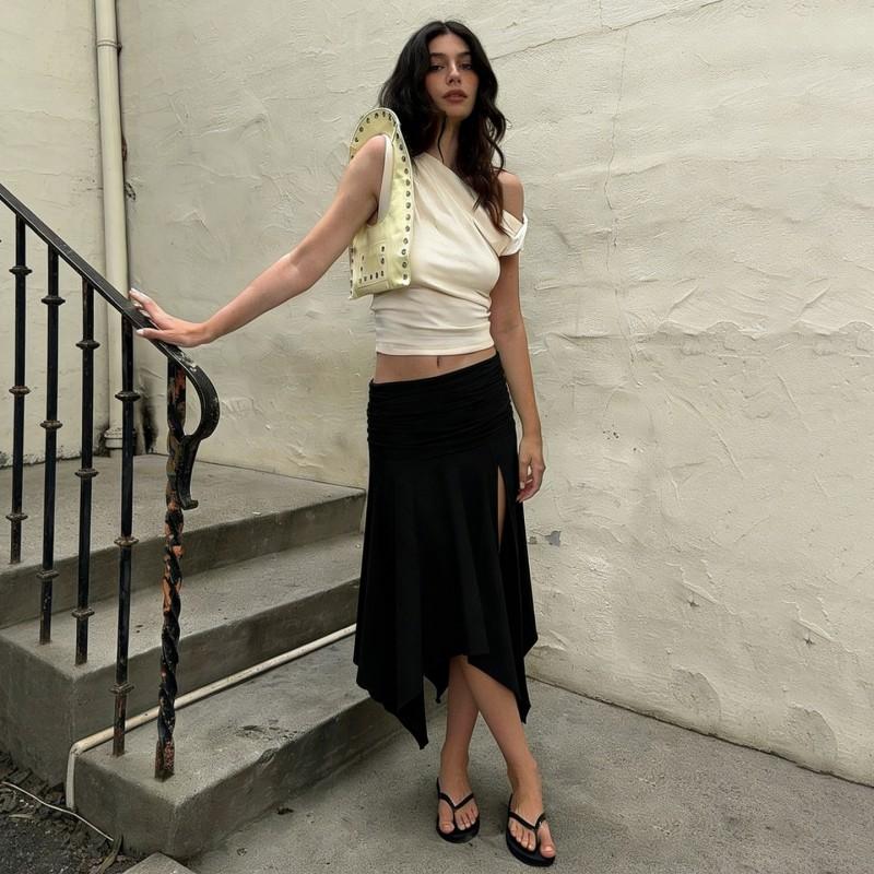 Womens Streetwear Midi Skirt With Asymmetrical Slit Ruched Waist Loose Fit Solid Color Stretchy Milk Silk Fabric