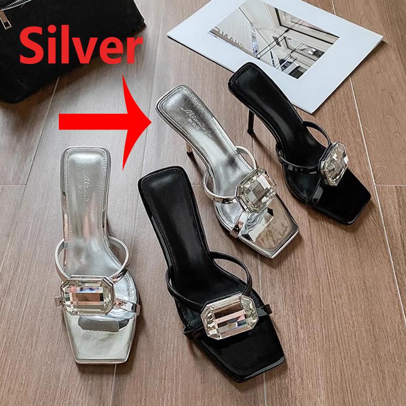 Fashion Aphixta 9cm High Heels Elegant Women Slides Big Crystal Luxury Square Toe Party Dress Slides Thin Heels Sexy Shoes For Woman
