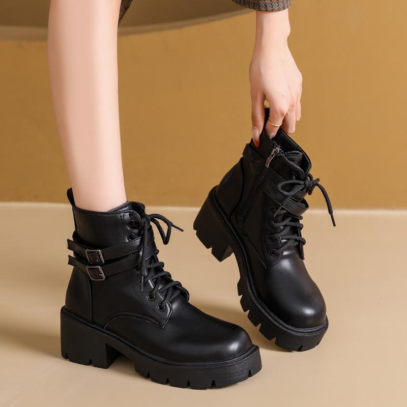 Vintage Platform Belt Buckle Mid-heeled Martin Boots 2025 Winter New Plus Size Thick-heeled British Style Boots for Women