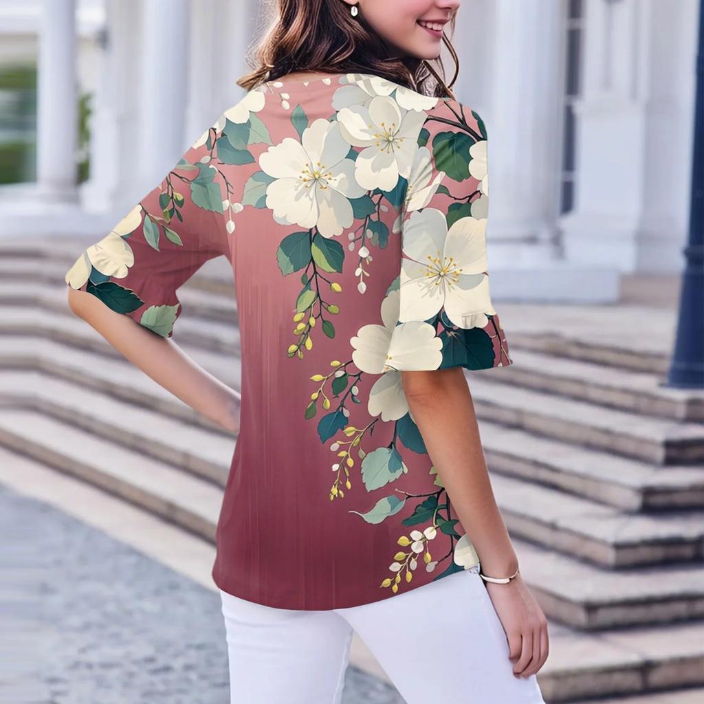 Women's Casual Fashion V-neck Pullover Loose Commuting Floral Three-quarter Sleeve T-shirt Top
