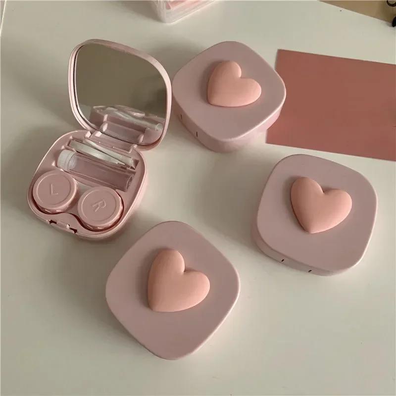 

Women Mini Lovely Eyes Contact Lens Container Box Bag Travel Kit 2024 Girl Cute Heart Contact Lens Case Box With Mirror розовый
