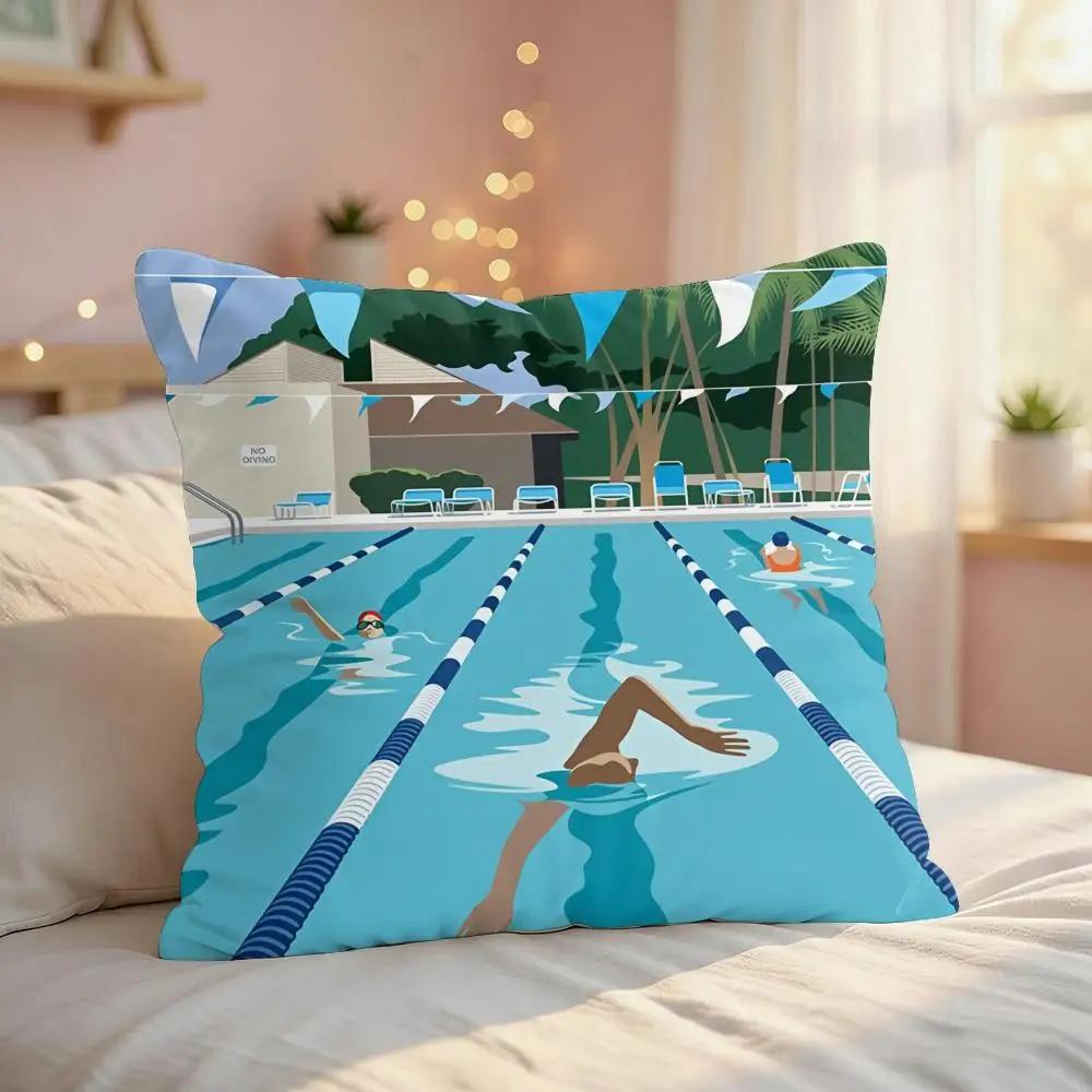 Summer Pool Oil Art Ins Cushion Cover Silky Short Plush Invisible Zipper Dustproof Sofa Pillow Case For Home Decor