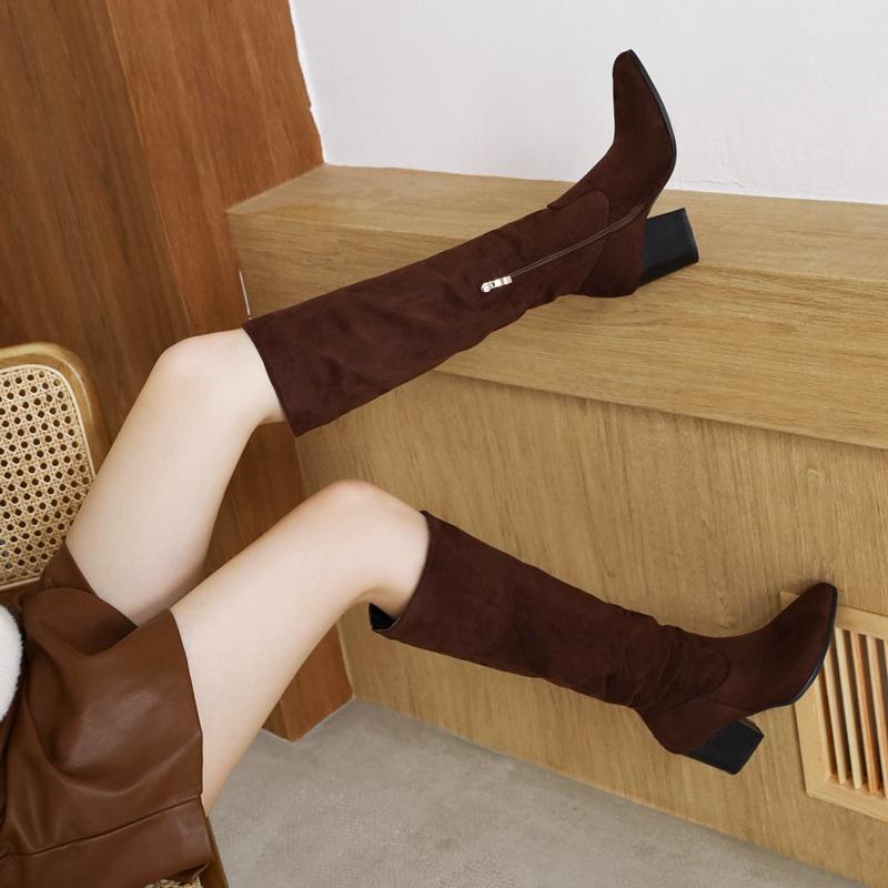 Women's High-heeled Boots Autumn and Winter New Simple Temperament Thick Heel Large Size Suede Medium Boots