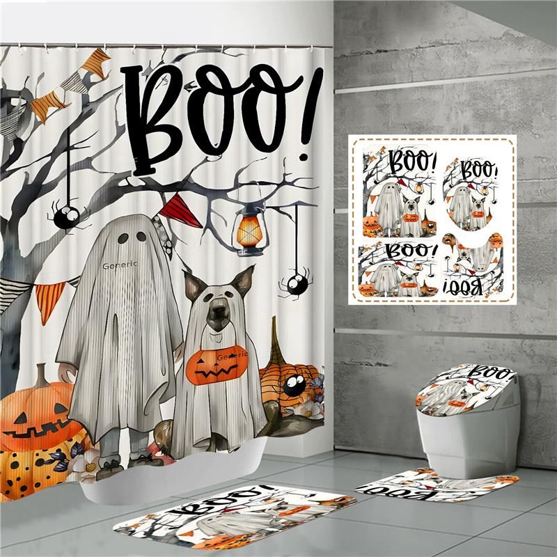 HOT Halloween Ghost Pumpkin Skull Shower Curtain Set with Non-Slip Rugs Toilet Lid Cover and Bath Mat Washable Trick or Treat