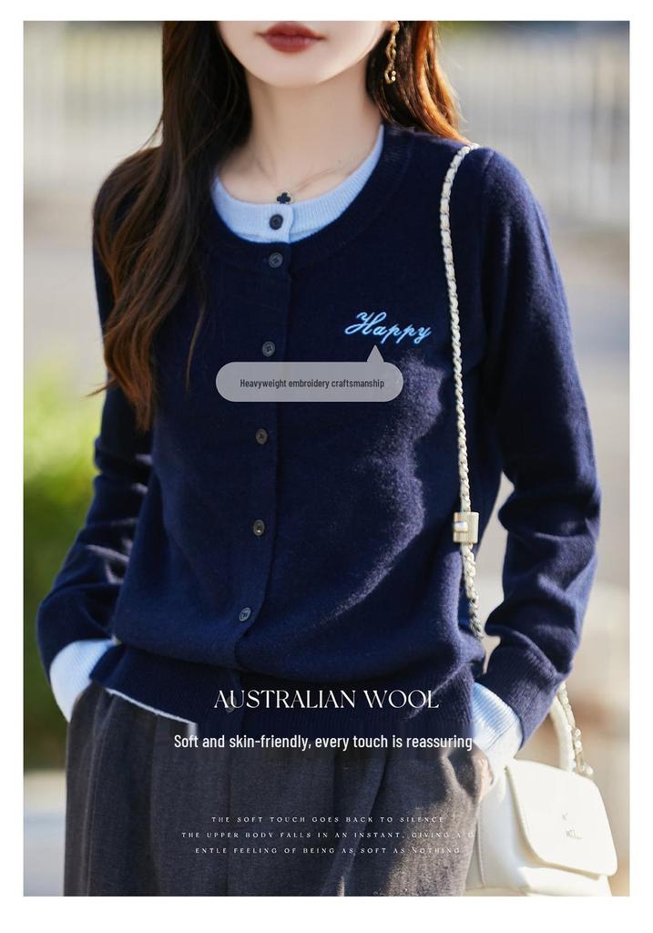 Double-Breasted Faux Two-Piece Cardigan: 2025 Autumn/Winter All-Wool Round Neck Button-Up with Letter Embroidery.