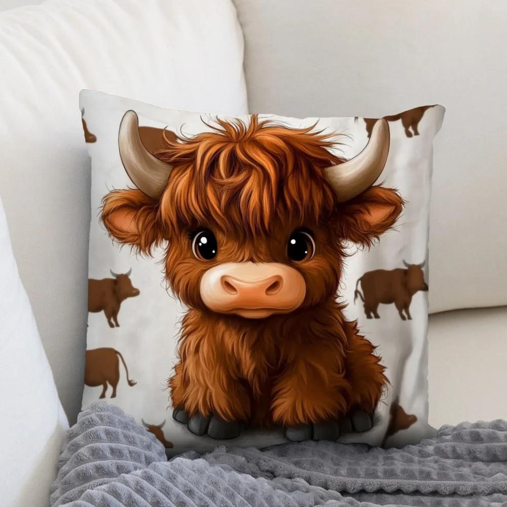Highland Cow Printed Cushion Covers Zipper Square Sofa Pillowcase Bedroom Chair Pillow Covcers Home Living Room Decortions