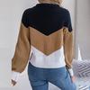 Women Casual Knit Pullover Sweater Autumn Winter Long Sleeve Polo Collar Contrast