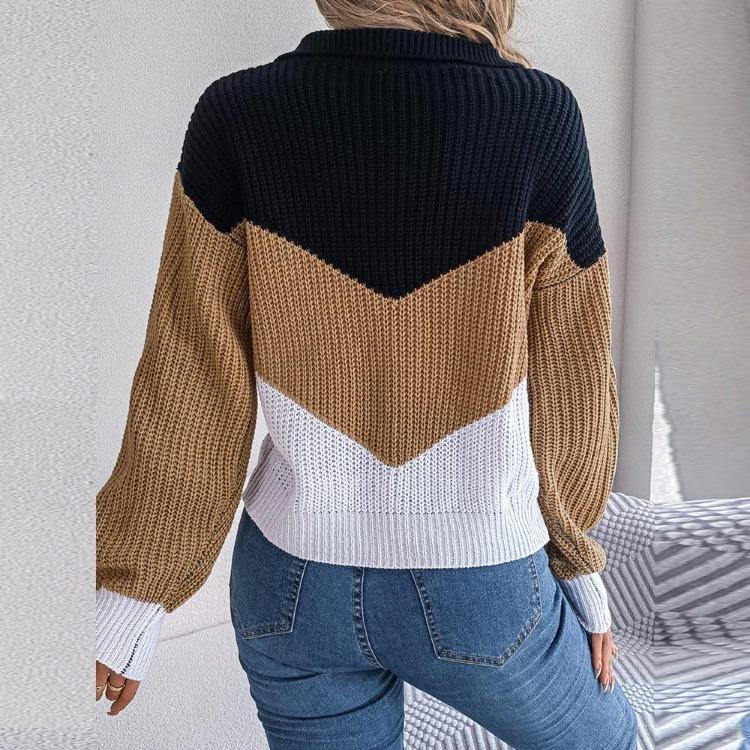 Women Casual Knit Pullover Sweater Autumn Winter Long Sleeve Polo Collar Contrast