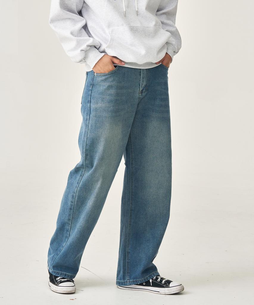 Deobeuleis Half-Banding Wide Denim Pants (Medium Blue)