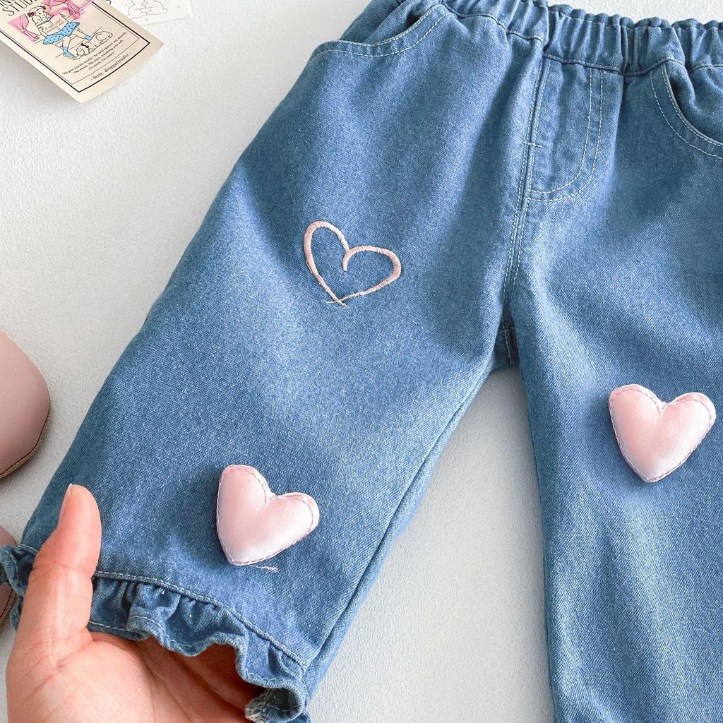 Heart Pattern Korean-Style Girls’ Jeans - Spring 2025 Collection (Ages 0-5) Trendy and Casual.