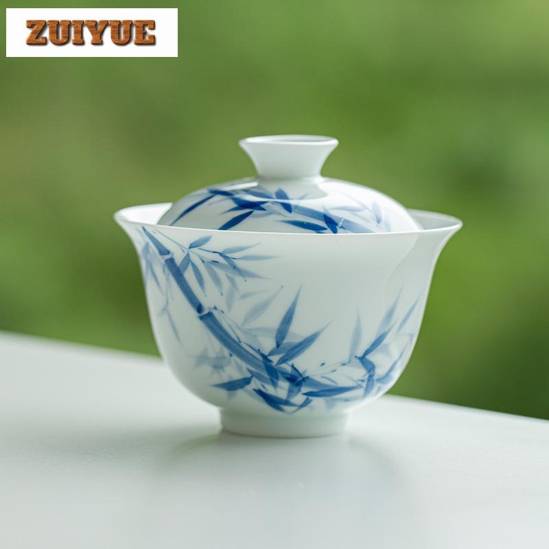 130ml Hand-painted Bamboo Blue And White Gaiwan Antique Tea Tureen Tea Bowl With Lid Kit Tea Maker Cover Bowl Teaset Ornaments
