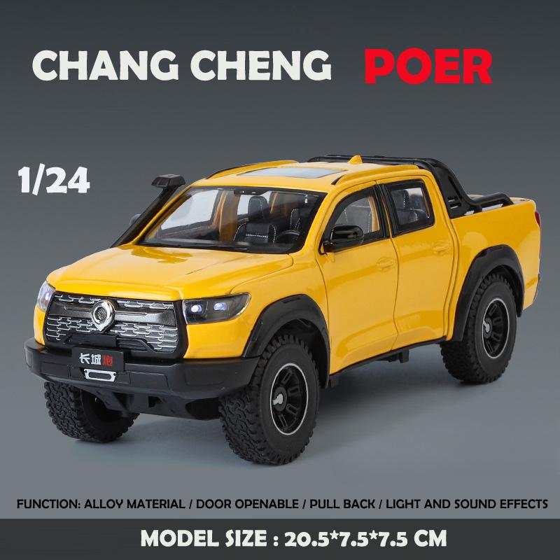 Simulation 1:24 Great Wall Motor POER Pickup Alloy Car Model With Sound Light Off Road Vehicle Toy  Birthday Gift Collection